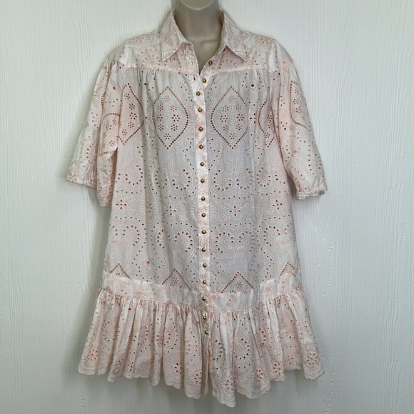 Miss June Paris - Louisa Boho Light Pink Embroidered Gold Buttons Mini Dress S/M - Picture 2 of 13